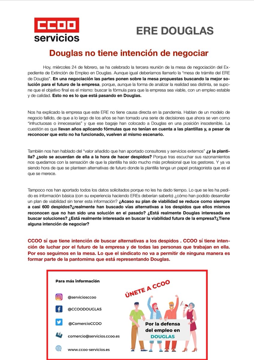 ComercioCCOO's tweet photo. 📢3ª Reunión #ERE @Douglas_esp 

🔴Douglas no tiene intención de negociar

+info⤵️⤵️

@serviciosccoo @CCOOServMad @ccoo_serveiscat https://t.co/HN2tREAt0f