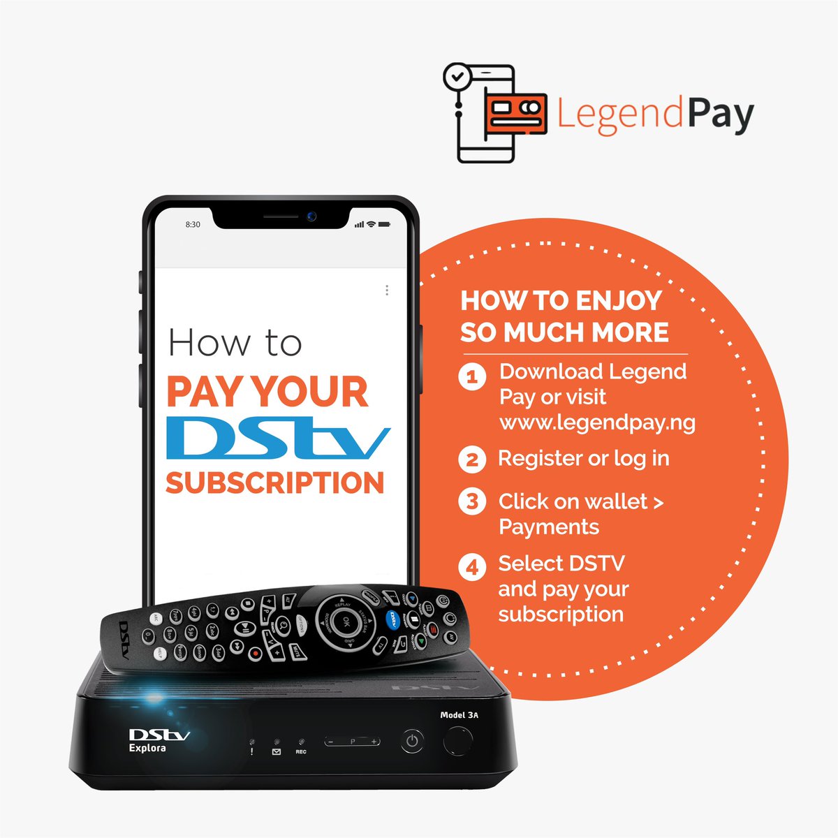 We’ve made paying your DStv subscription a whole lot easier with Legend Pay. Enjoy So Much More with these easy steps.                                                                                 

Download Legend Pay now on App Store or Play Store

#LegendPay #DStv