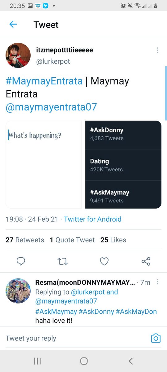 MITZNAVALMayDon's tweet photo. uy ayan oh pati trendlist nang iissue din sa dlawa #Askdonny Dating #AskMaymay daw tapos sinundan ito #AskDonny Totoo Ba #AskMaymay hahaha wla lng ntawa lng ako...natuwa ako actually
#MayDon
@donnypangilinan
@maymayentrata07 https://t.co/cM7kSq9GVp