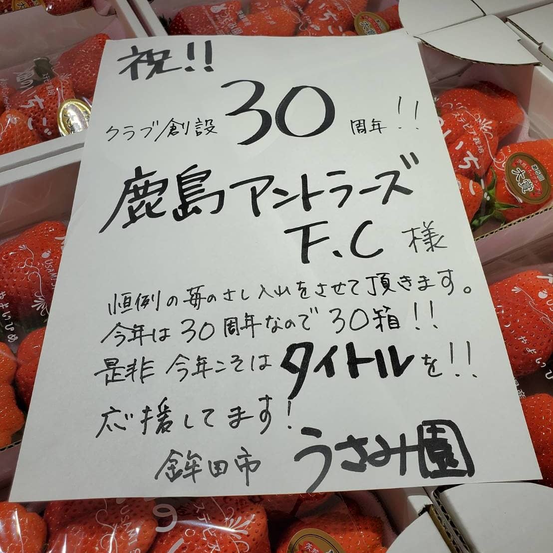 うさみ園 毎年恒例 鹿島アントラーズに勝手に差し入れ 送り付け作戦 笑 毎年 タイトル数 1を送っていますが 今年はクラブ創設30周年という事で デラックス30箱 絶対にタイトルお願いします 鹿島アントラーズ いちご イチゴ うさみ園 毎年恒例 鹿島アントラーズに勝手に差し入れ 送り付け作戦 笑 毎年 タイトル数 1を送っていますが 今年はクラブ創設30周年という事で デラックス30箱 絶対にタイトルお願いします 鹿島アントラーズ いちご イチゴ
