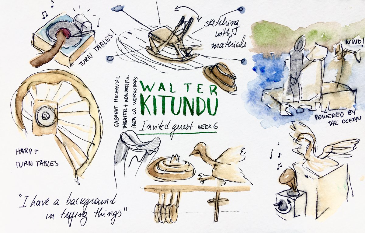 I was in awe when @birdturntable shared his work in our @CabaretMT + @wonderfulideaco automata workshop series. I was inspired by the wave-powered machine and the use of sound and turn tables in installations. Here are my illustrated notes of the talk :)