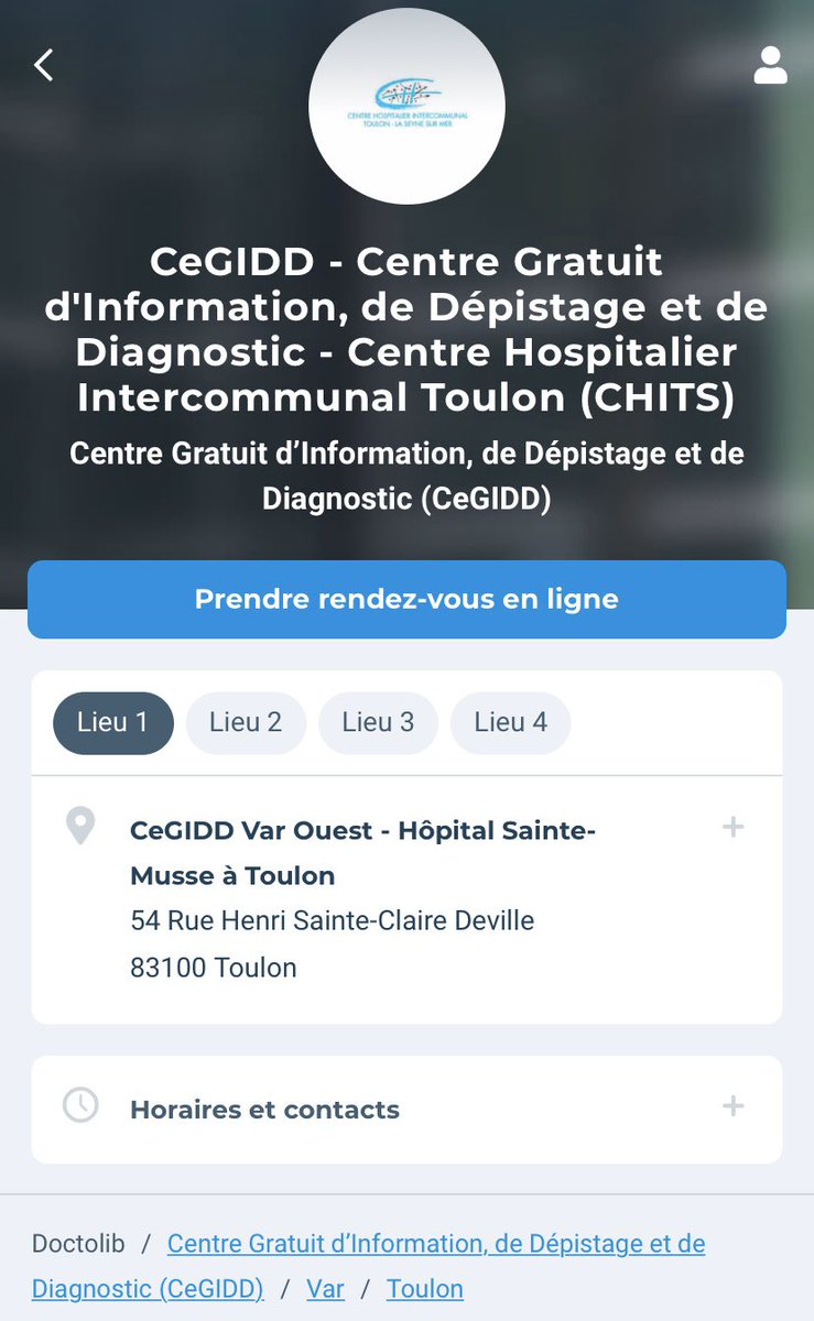 CegiddVar's tweet image. Voici la toute récente page DOCTOLIB du CeGIDD 83. 
Sur l’application, tapez les mots-clés « CeGIDD Toulon » par exemple.
Prenez-vous rendez-vous 7j/7 24h/24.
Pour toute urgence, vous pouvez toujours appeler le 04.94.14.50.56