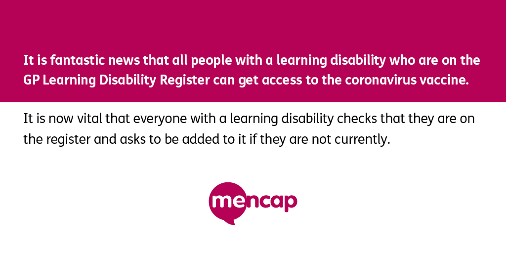 It is incredible news that the #JVCI has advised <a href="/GOVUK/">GOV.UK</a> to offer everyone on the #LearningDisability Register the #CovidVaccine.

If you have a learning disability and want the vaccine, urgently talk to your GP to make sure you are registered.

Read more: mencap.org.uk/dont-miss-out