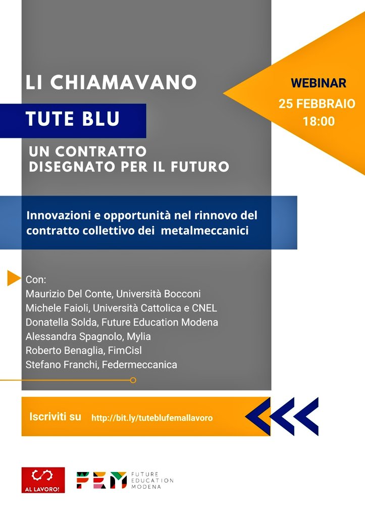 Può un contratto nazionale cambiare l'industria? Forse no, ma se ce n'è uno che può farlo è quello dei metalmeccanici. Domani alle 18 approfondiamo le novità del rinnovo con i protagonisti e gli esperti. Per partecipare registratevi a questo link:

bit.ly/tuteblufemalla…