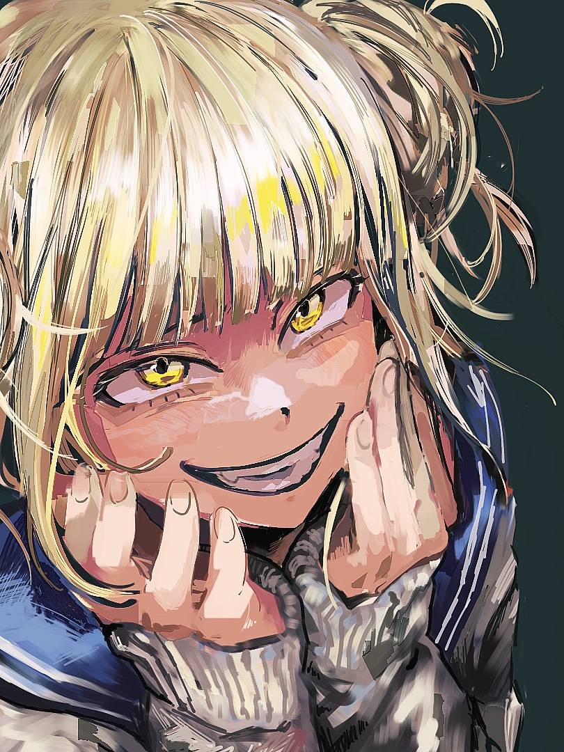 toga himiko 1girl solo blonde hair smile yellow eyes hair bun bangs  illustration images