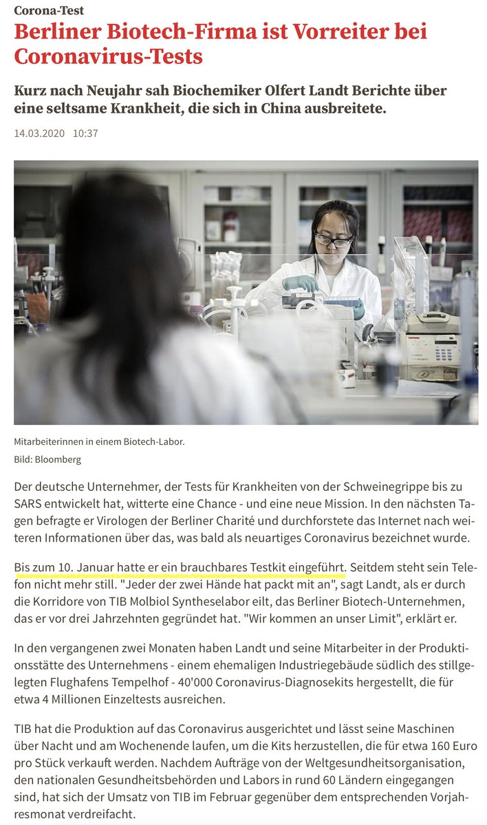 8/ Unmöglich: Bereits am 10. Januar hatte Landts Firma, TIB-Molbiol, ein funktionierendes Testkit fertig und begann mit der Versendung in die Welt. Ein Teufelskerl, dieser Herr Landt! https://www.cash.ch/news/politik/corona-test-berliner-biotech-firma-ist-vorreiter-bei-coronavirus-tests-1499104 https://www.tagesspiegel.de/berlin/tib-molbiol-berliner-firma-produziert-coronavirus-tests-fuer-die-ganze-welt/25602142.html