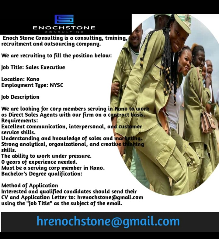 Vacancy!!!

We are looking to hire corpers resident in Kano on a direct sales agent contract. 
Applicants should possess good communication and analytical skills along with others. 0 experience is required. Please Retweet for others
#NYSC #KANO #JobVacancy #KanoTwitterCommunity