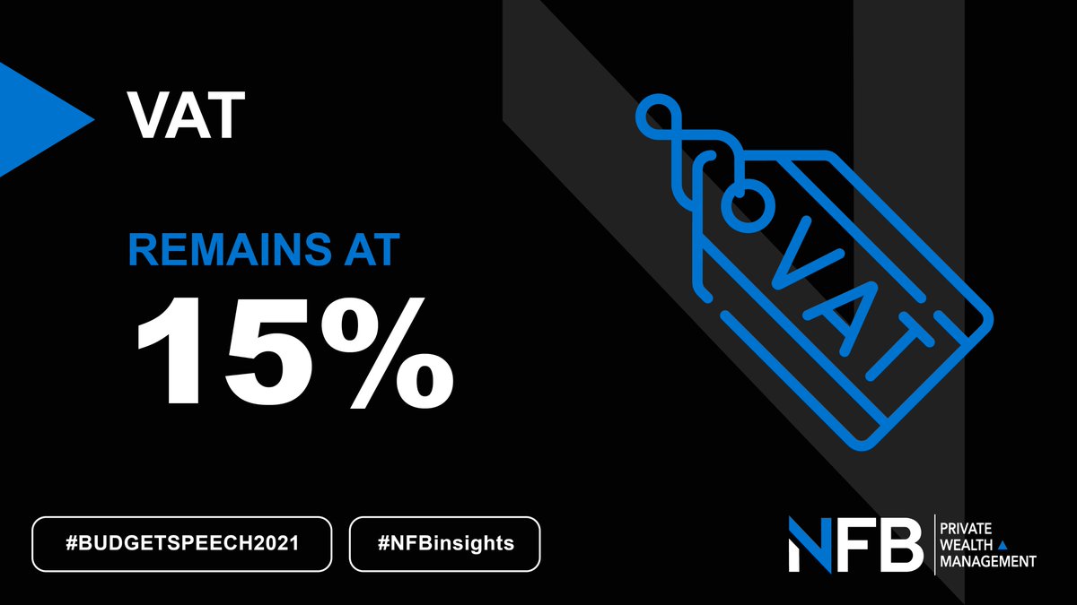 NFBwealth's tweet image. VAT remains at 15% for South Africans for 2021. Find your NFB Private Wealth Manager: nfb.co.za

#NFBinsights #BudgetSpeech2021