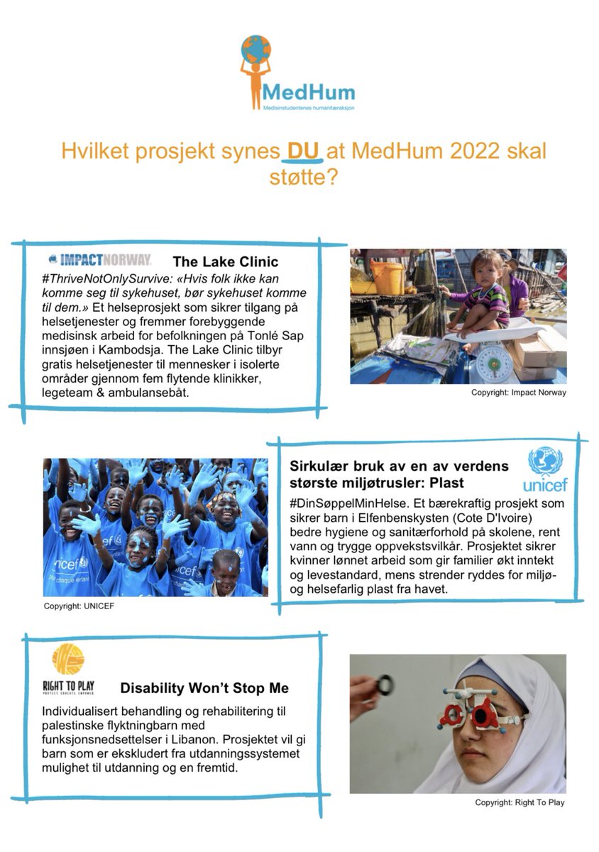 Det er klart for å velge samarbeidsprosjekt for de to neste årene🌍 Som medlem i <a href="/NmfSentralt/">Norsk Medisinstudentforening</a> har du stemmerett via link i mottatt mail. Hvilke prosjekt synes DU MedHum 2022 skal samarbeide med? 

<a href="/UNICEFNorge/">UNICEF Norge</a> <a href="/RightToPlayNO/">Right To Play Norge</a> #IMPACTnorway