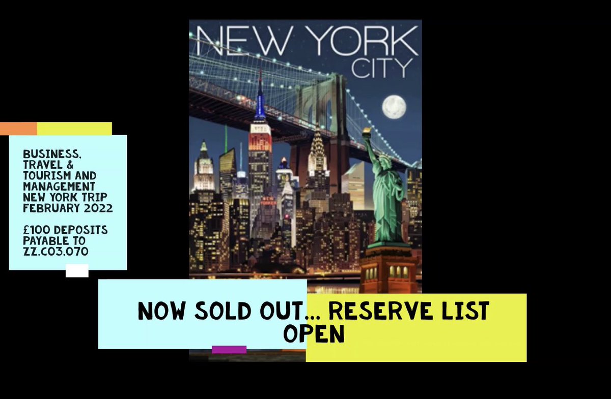 ❌NEW YORK TRIP NOW SOLD OUT!❌ 

• 25 Learner Places filled ✅
• Reserve list now open