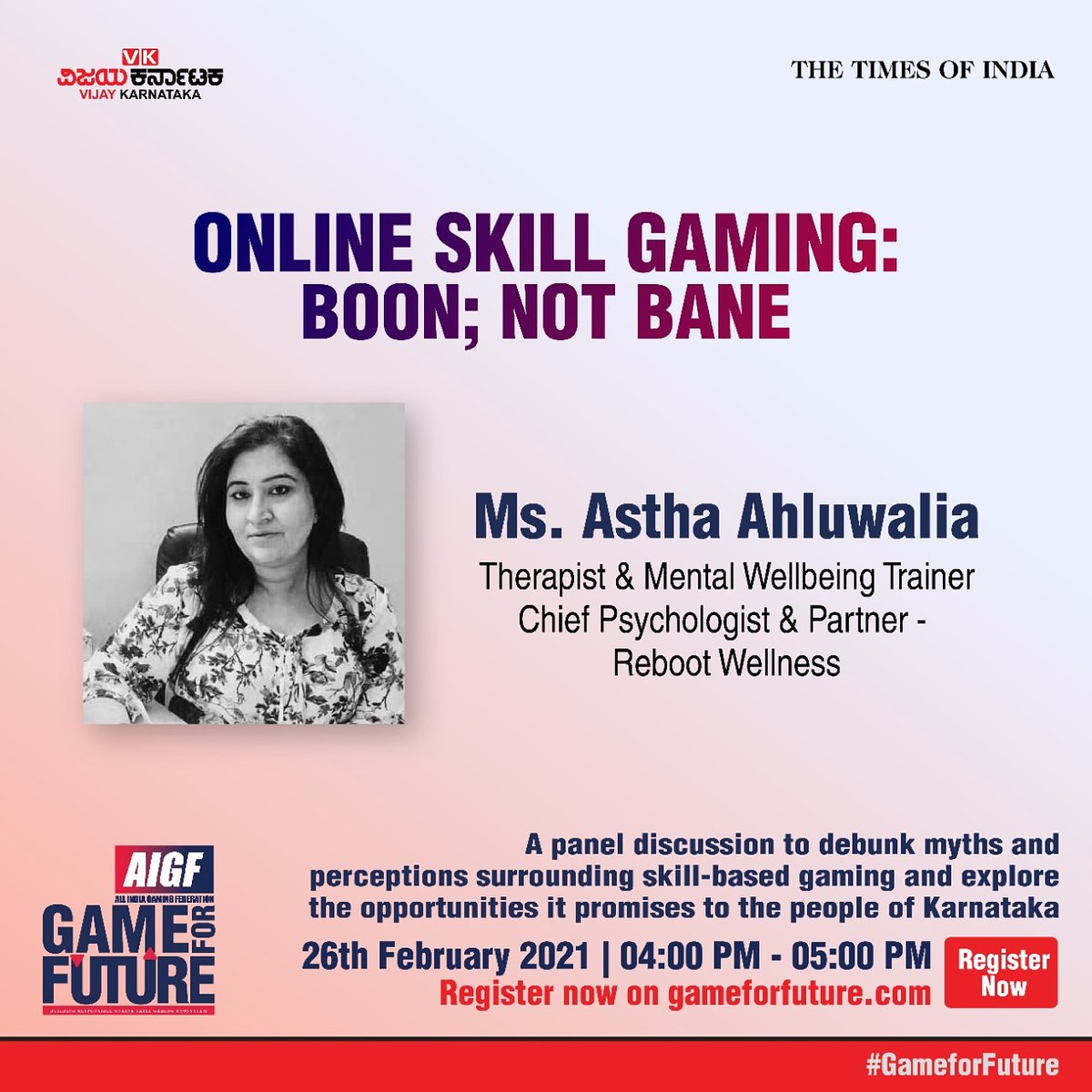 GameforFuture1's tweet photo. Ever wondered how online skill gaming can positively enhance psychological, emotional and social wellbeing? Learn more with Astha Ahluwalia, Therapist &amp; Mental Wellbeing Trainer.

Join us on 26th February, 04:00 PM Register- https://t.co/AalbVMJzQ0
 
#AIGF #GameForFuture https://t.co/oZ8gXeWDd9