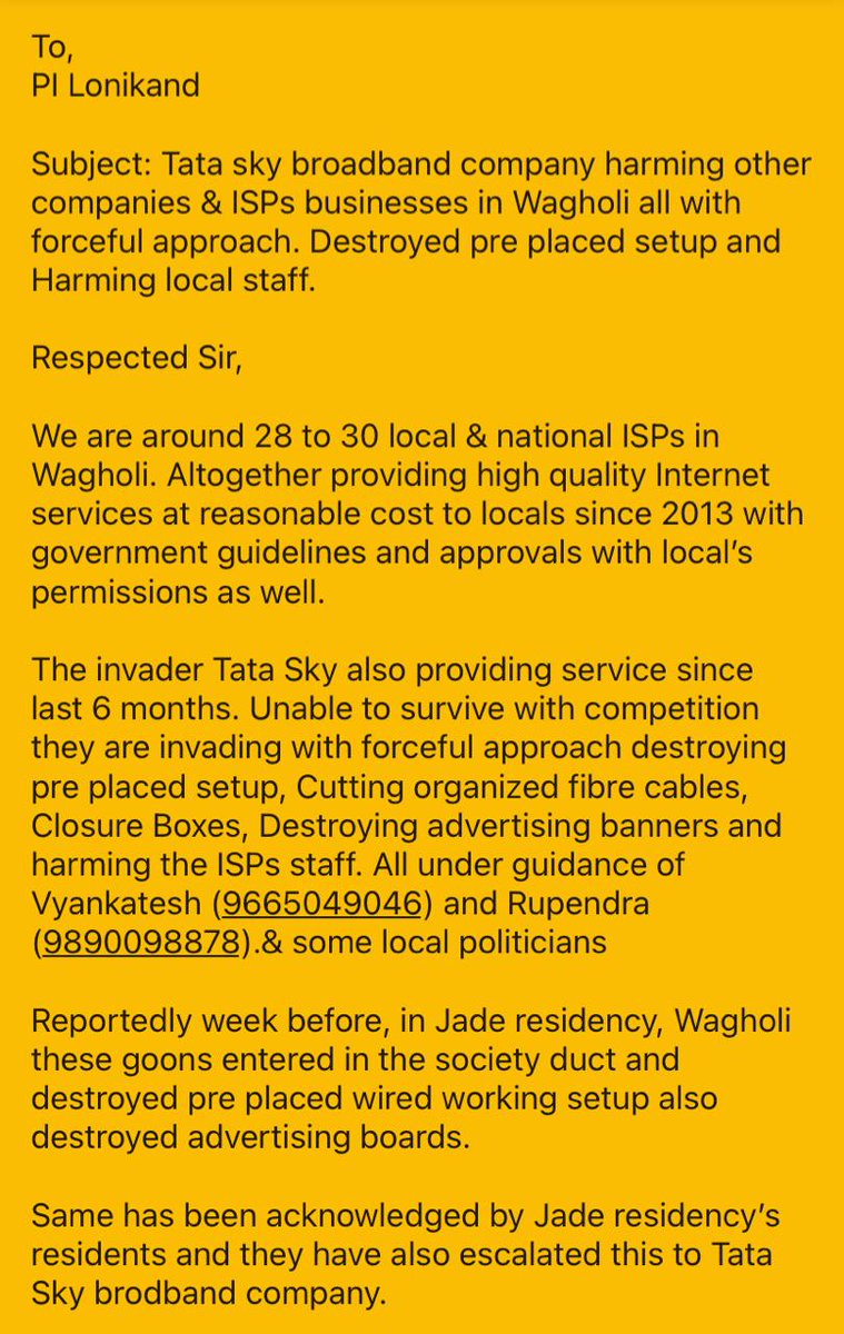 Ketanj2233's tweet photo. FIR with proofs against TataSky internet Co.invading other companies &amp;ISPs business in wagholi.@TSBBCare is barring ISPs to Advertise,Destroying well placed setup,Making threat calls&amp;even harming the staff.All with the help of some local goons
@puneruralpolice 
@KMankawale https://t.co/0JBZimV482