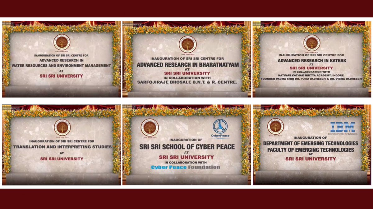 Gurudev's tweet image. Virtually inaugurated the four new Research &amp;amp; Innovation centers along with the Faculty of Emerging Technologies and Sri Sri School of Cyber peace at @SriSriU. These centers will become pioneers in finding disruptive solutions to challenges faced by humanity.