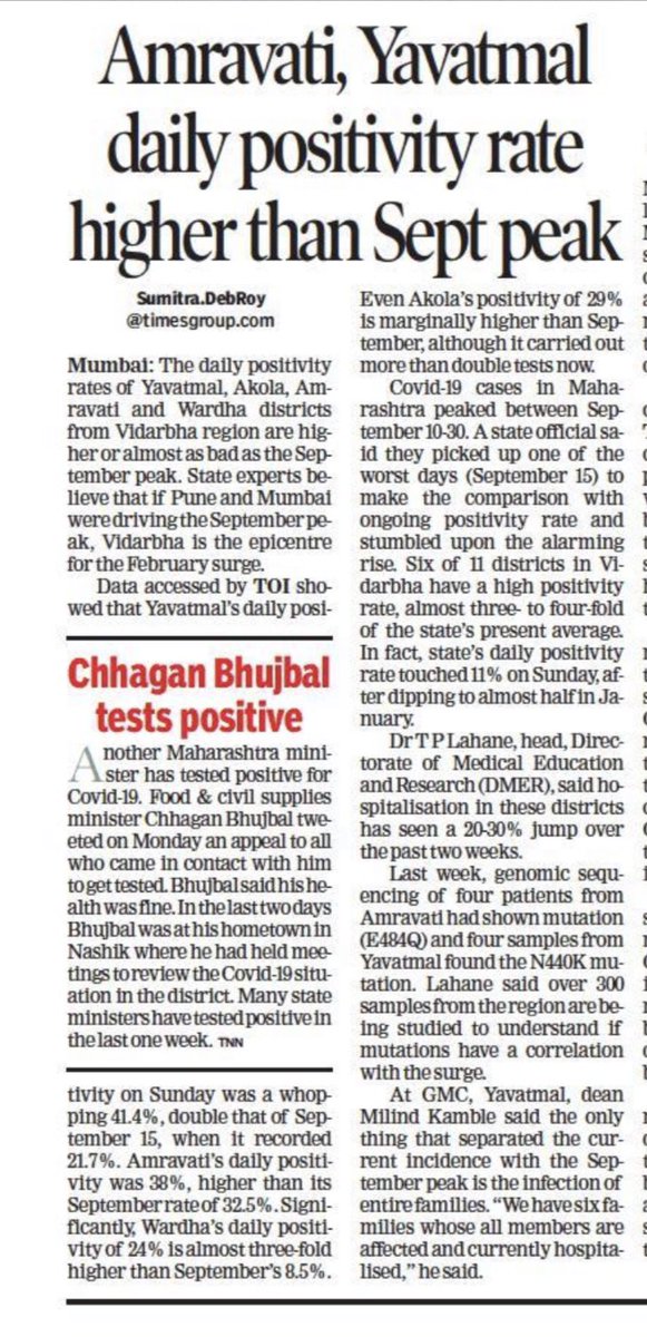 Daily positivity rates of Yavatmal, Akola, Amravati districts from Vidarbha region are higher than the September peak. Experts believe if Pune and Mumbai were driving the September peak, Vidarbha is the epicentre for the February surge. https://t.co/PglO3p3rM6 https://t.co/2RdTzcHgw8