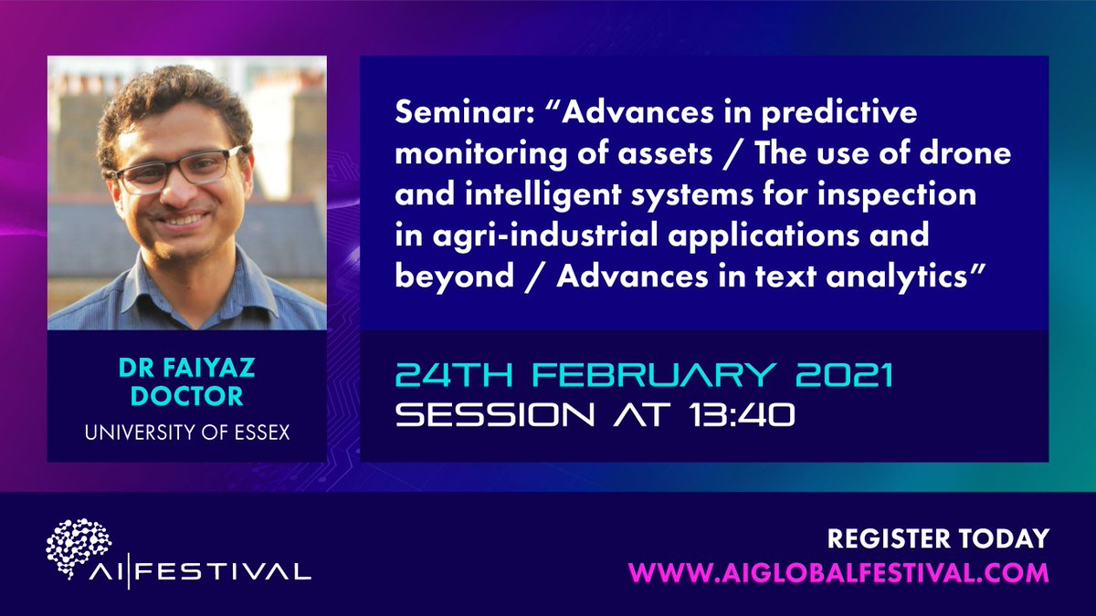 UoE_Business's tweet photo. Coming up next at the #AiFestival we have an amazing line-up of academics for a seminar on Advances in predictive monitoring of assets/The use of drone and intelligent systems in agricultural applications and beyond/ Advances in tech analytics. Details below! https://t.co/pQhkTuXRW7