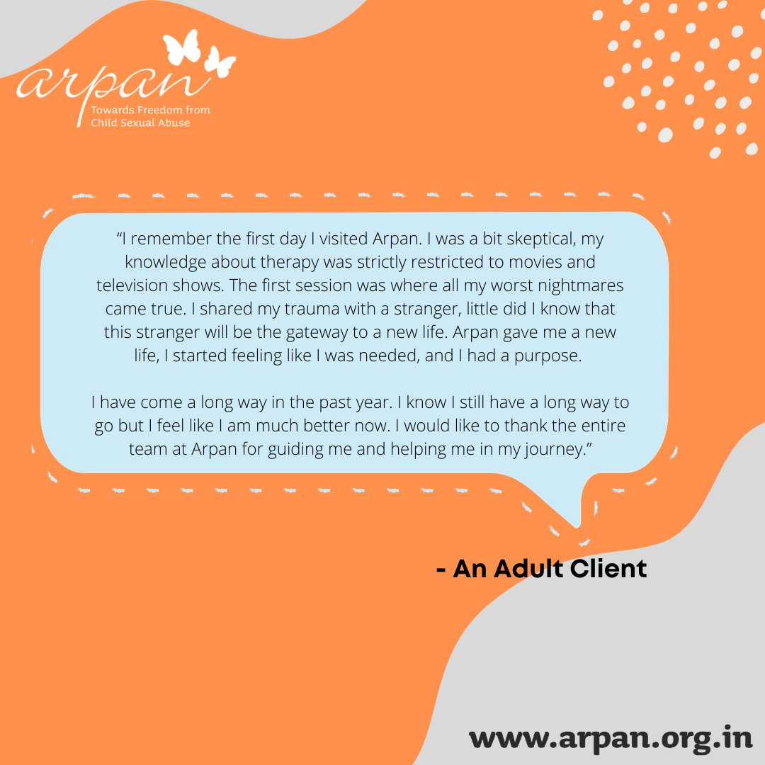 Arpan_CSA's tweet photo. Arpan empowers children and adult clients to heal from the ill effects of Child Sexual Abuse (CSA). Powerful testimonials like these restore our belief in healing from CSA.
Full Report https://t.co/D59Iqr07xJ
#Arpan_CSA #childsexualabuse #Abusetherapy #healingispossible https://t.co/2NqzeCl46a
