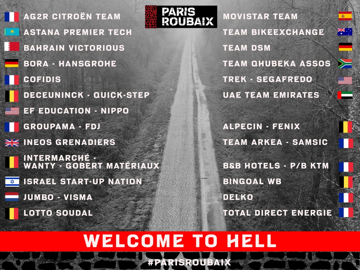 ⭐ #ParisRoubaix Team Selection / Sélection des équipes

1⃣9⃣ UCI WorldTeams🌍

2⃣ first UCI ProTeams 2020: 🇧🇪@AlpecinFenix, 🇫🇷@Arkea_Samsic.

4⃣ wildcards: 🇫🇷@BBHOTELSpbKTM , 🇧🇪@CTBingoalWB, 🇫🇷<a href="/TeamDelko/">Team Delko</a>, 🇫🇷 <a href="/TDE_ProCycling/">TeamTotalEnrg</a>.

😈 Welcome to hell! Bienvenue dans l'Enfer du Nord!