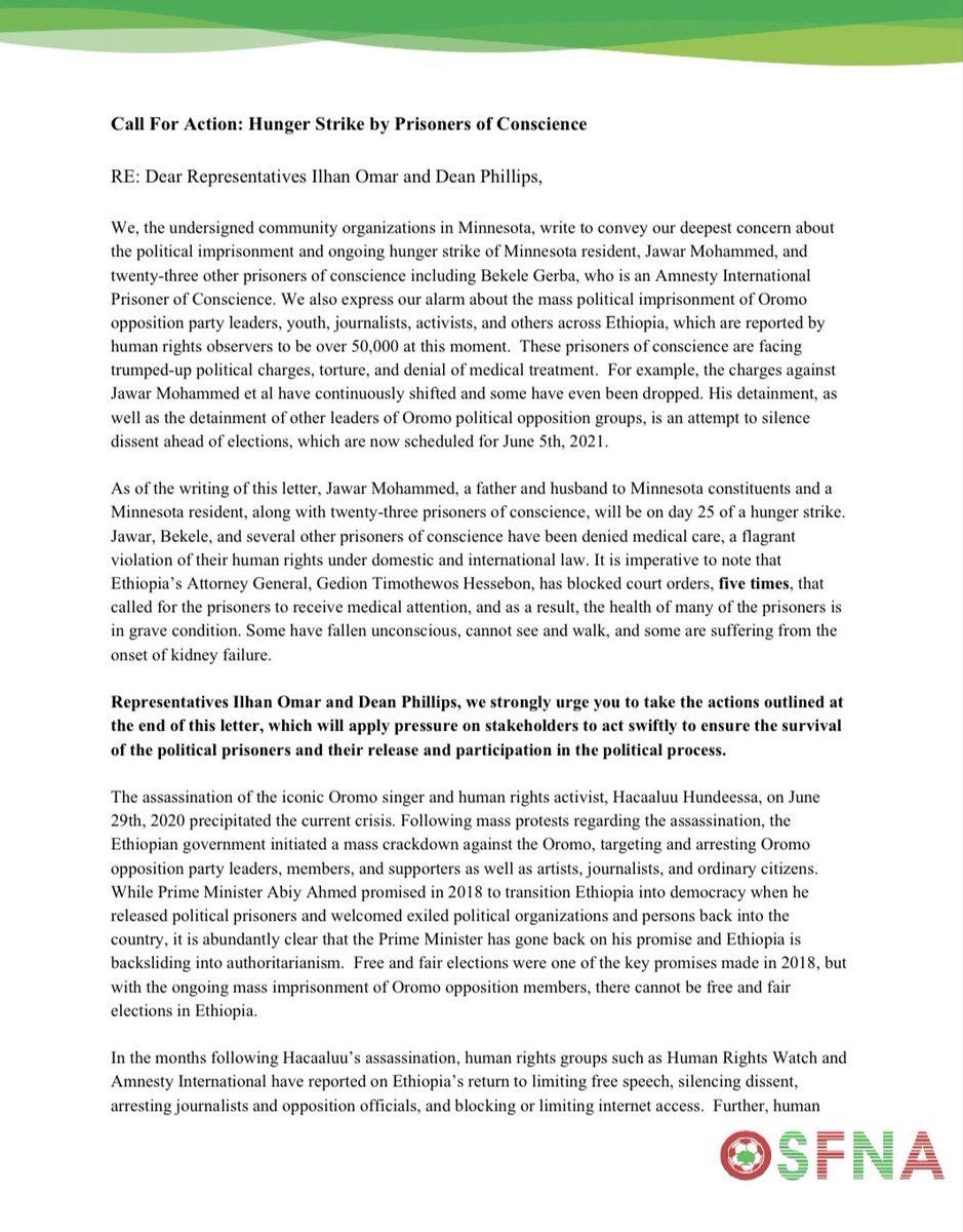 myosfna's tweet photo. OSFNA PRESS RELEASE 

Call For Action: Hunger Strike by Prisoners of Conscience.  @Ilhan @RepDeanPhillips 
#StarvingForJustice #FreeAllPoliticalPrisoners
#OromoProtests https://t.co/C6VFZlv1I4
