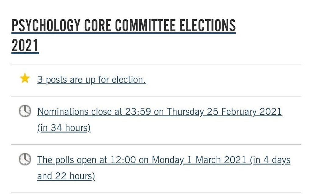 Standings for the core committee elections will end soon for the positions of President, Vice-President and Treasurer. If you want to apply for any these now is the time - message us for guidance! (other roles up afterwards provided we get a core committee!) …
