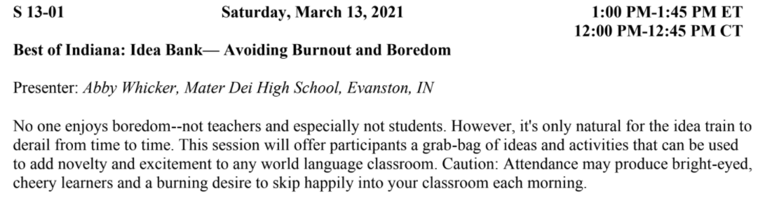 Abby Whicker <a href="/frau_whicker/">Abby Whicker</a> will represent <a href="/IFLTA/">IFLTA</a> with her Best of Indiana session, "Idea Bank - Avoiding Burnout and Boredom" on Saturday, March 13th. Register at csctfl.org. #CSCTFL21