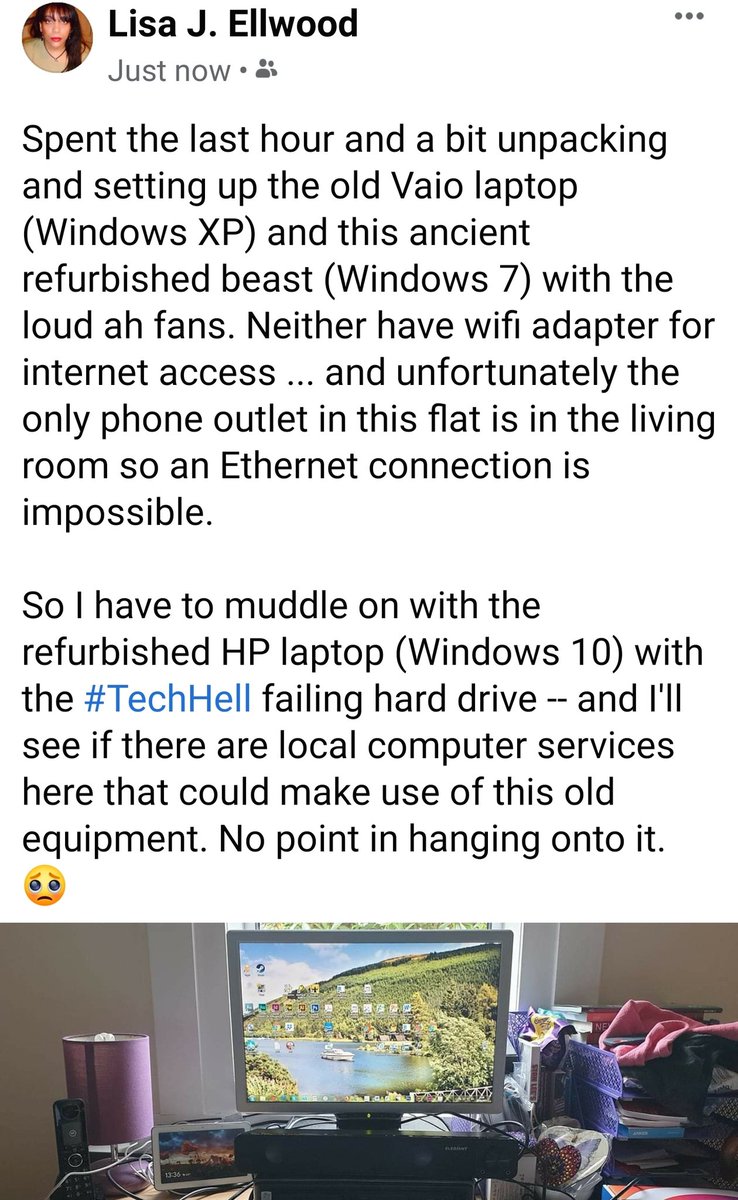 WomanistNerd's tweet image. Spent 1 hr + unpacking, setting up old Vaio laptop (Windows XP) and this ancient refurbished beast (Windows 7). Neither have wifi adapter for internet access &amp;amp; unfort the only phone outlet is in the living rm.  Back to HP laptop with failing hard drive. 😥 #TechHell