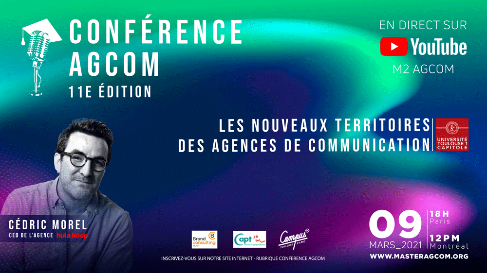 📢#Conférence M2 AGCOM
🗓️Mardi 9 mars à 18h
🔴Thème : nouveaux territoires des agences de communication
🔴Invité : @cedmorel, fondateur et CEO de l’@AGENCEHULAHOOP
🔴Un quiz interactif récompensera le plus assidu des spectateurs (carte cadeau FNAC 50€)
👉bit.ly/3bCef90