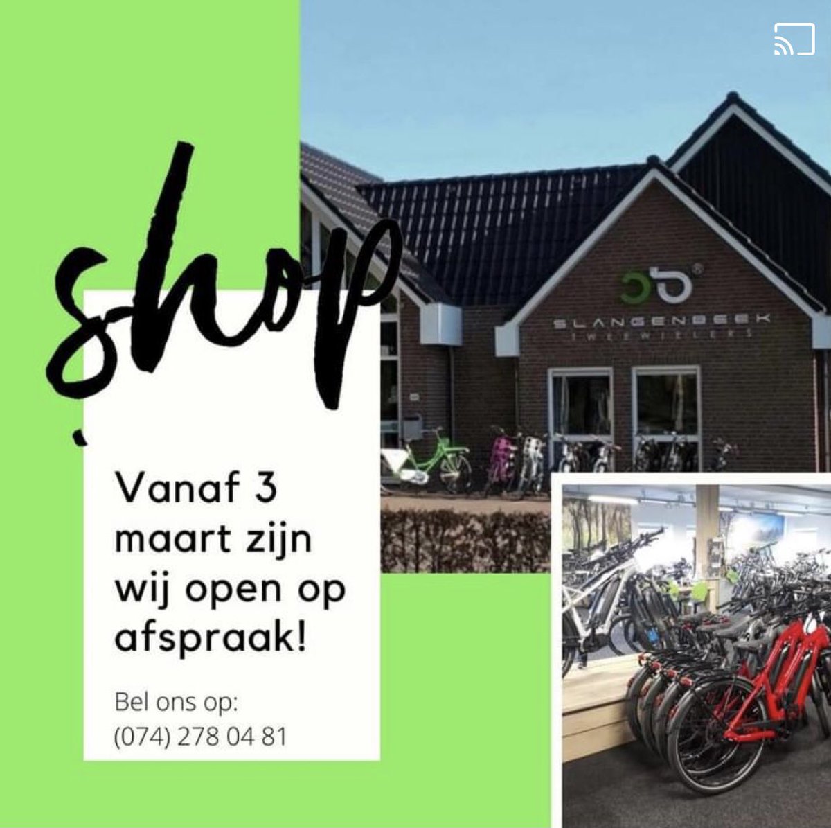 Een nieuwe fiets wil je graag eerst zien en het liefst ook even proberen. We zijn blij dat het binnenkort weer kan. Vanaf 3 maart zijn wij open op afspraak! We hebben mooie nieuwe modellen in onze winkel staan. Bel ons voor een afspraak op (074) 278 04 81. slangenbeektweewielers.nl