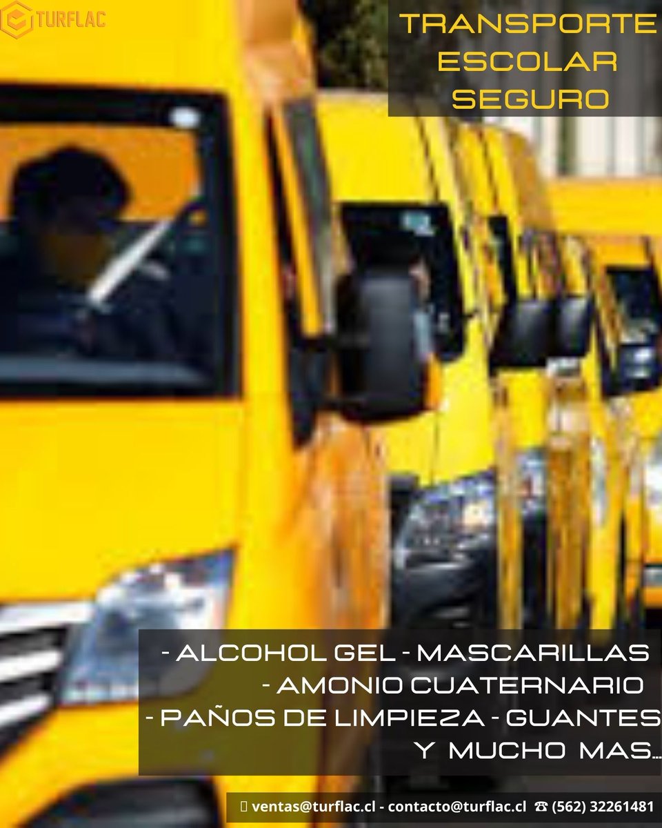 turflac's tweet photo. #TRASPORTEESCOLARSEGURO

Nosotros te podemos ayudar, tenemos:

- Alcohol Gel
- Mascarillas
- Amonio Cuaternario
- Guantes

Y mucho mas

(562) 3226 14 81
ventas@turflac.cl - contacto@turflac.cl
https://t.co/W28EYaSdh2
https://t.co/Nvn2w4PxDJ
https://t.co/7QZqFNcpfZ https://t.co/bD9LrgGlLc