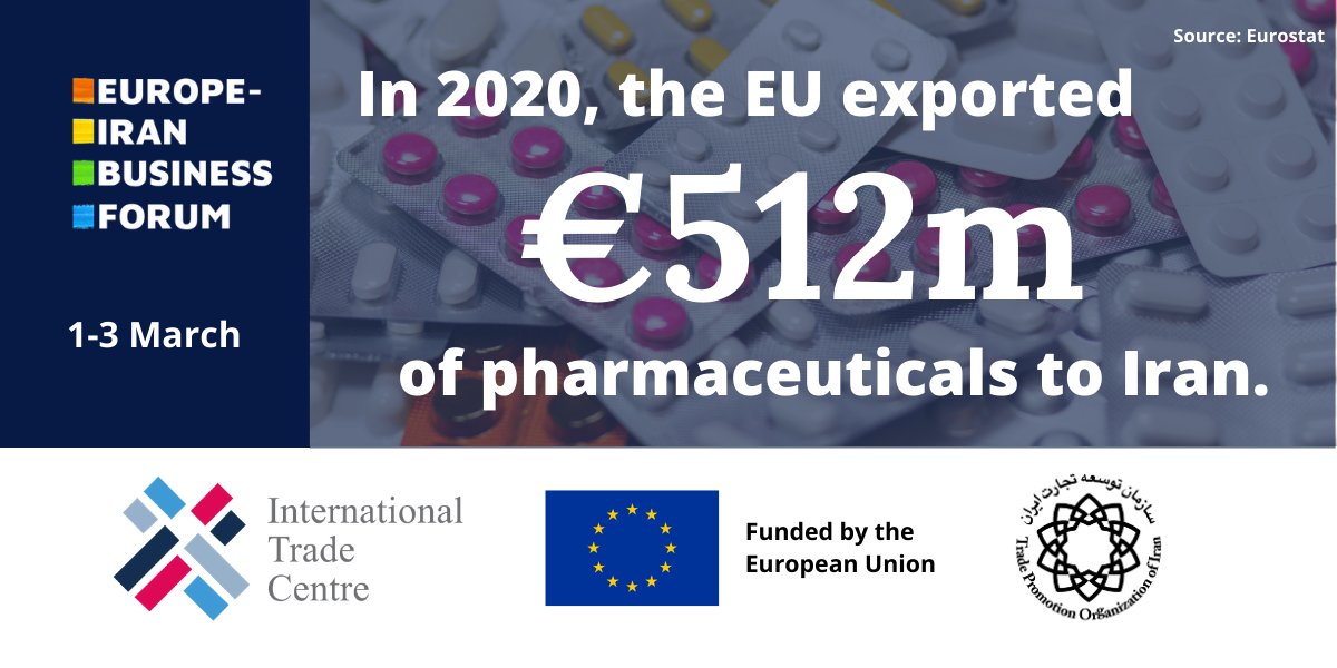 EUIranBizForum's tweet photo. The EU is the number one supplier of pharmaceutical products to Iran, an area of trade that has had a special importance during the pandemic.

#EIBF2021 will explore this aspect of the trade relationship and more starting on March 1. Register at:
https://t.co/2zwGroBuBT https://t.co/2vGyFfk2it