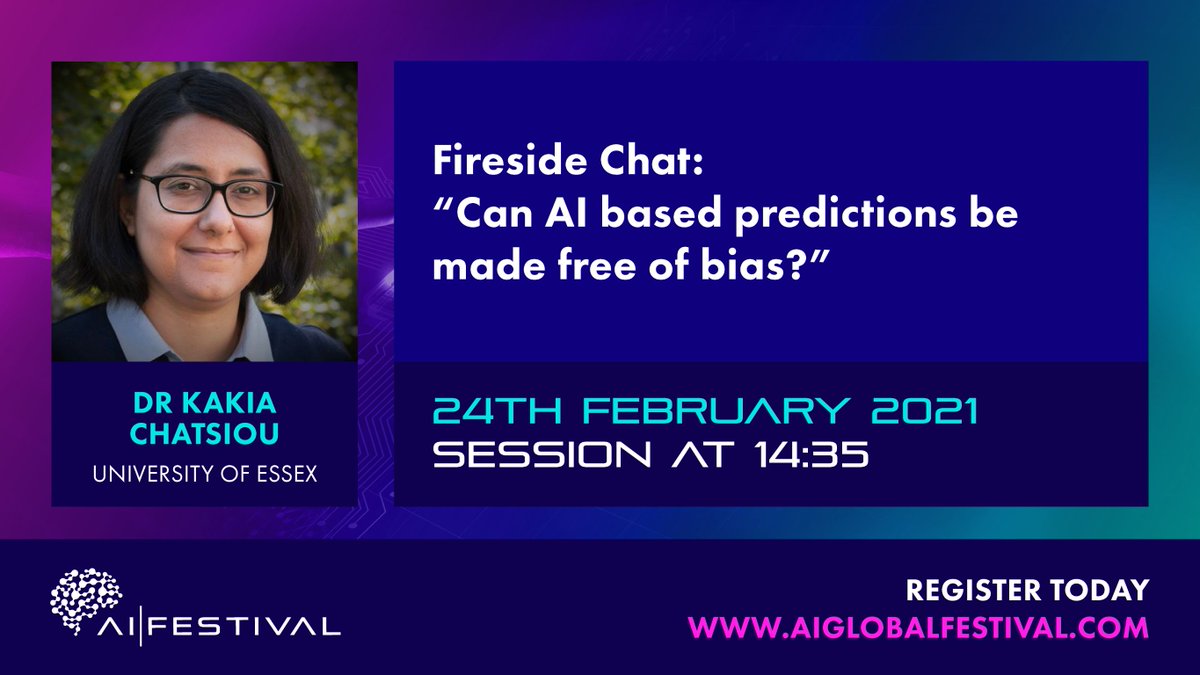 UoE_Business's tweet photo. In just over half an hour Dr Kakia Chatsiou, Dr Jon Chamberlain and Mark Lattimer will be doing their #AIFestival talk on "Can AI based predictions be made free of bias?". This is not one to be missed! https://t.co/WfrxohSRpv