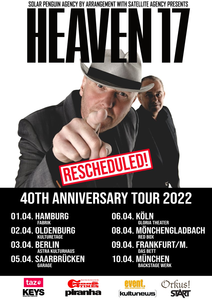 We have had to move our German tour from 2021 into 2022. We are gutted, but feel that by next April we will finally be able to return to our German fans - we can't wait to see you all again. Until then, stay safe xx Tickets here: adticket.de/Heaven-17.html