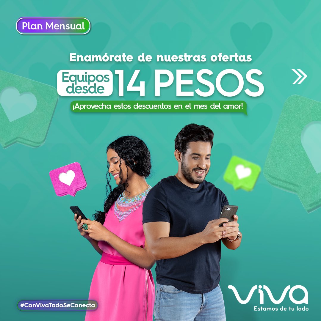 Viva_RD's tweet photo. ¡Aprovecha estas ofertas en el mes del amor! 💚
Enamórate con tu #PlanMensual y elige equipos desde RD$14 😱 🙌. Actíva una de estas #OfertasDeEquipos en tus planes mensuales y recibe más apps, data y minutos 📱🤩. #MejoresPlanes #VivaRD #ConVivaTodoSeConecta #PlanesMensuales https://t.co/ekvaBTMa91