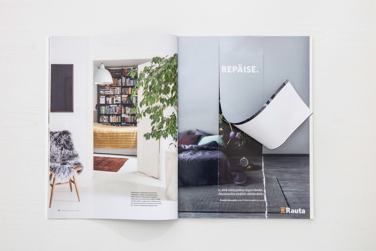 Onnea repäisystä, upea asiakkaamme K-Rauta! 👏👏👏 Vuoden huippujen kovassa finaalijoukossa mukana myös Repäise. Laita tapetti. -kampanjaan kuulunut printin erikoisratkaisu. Kiitos kumppanit <a href="/toinenPHD/">ToinenPHD</a>, <a href="/Alehdet/">A-lehdet</a>, <a href="/SanomaMediaFin/">Sanoma Media Finland</a>  ja onnea kaikille shortlistatuille! #vuodenhuiput