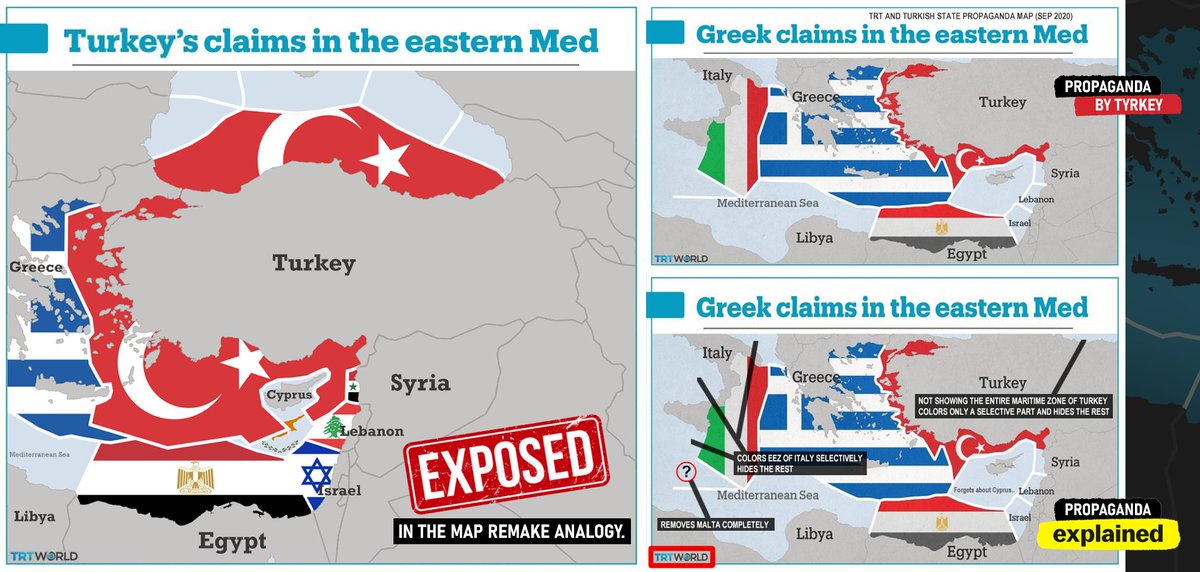 ILLEGAL TURKISH MAXIMALIST CLAIMS, TERRORISM AND PROPAGANDA :—Turkey have been caught multiple times lying to the international community, using terrorism and propaganda.Do you remember the next map (right) following by quotes "is not fair" or "Greece have maximalist claims"?