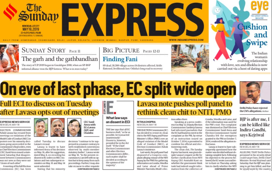 On the eve of the last phase of LS polls 2019, the EC was split wide open. Lavasa refused to attend meetings of the Commission unless his (opposing) views on alleged MCC violations were recorded in the orders. He also forced EC to reconsider its clean chit to PMO and NITI Aayog