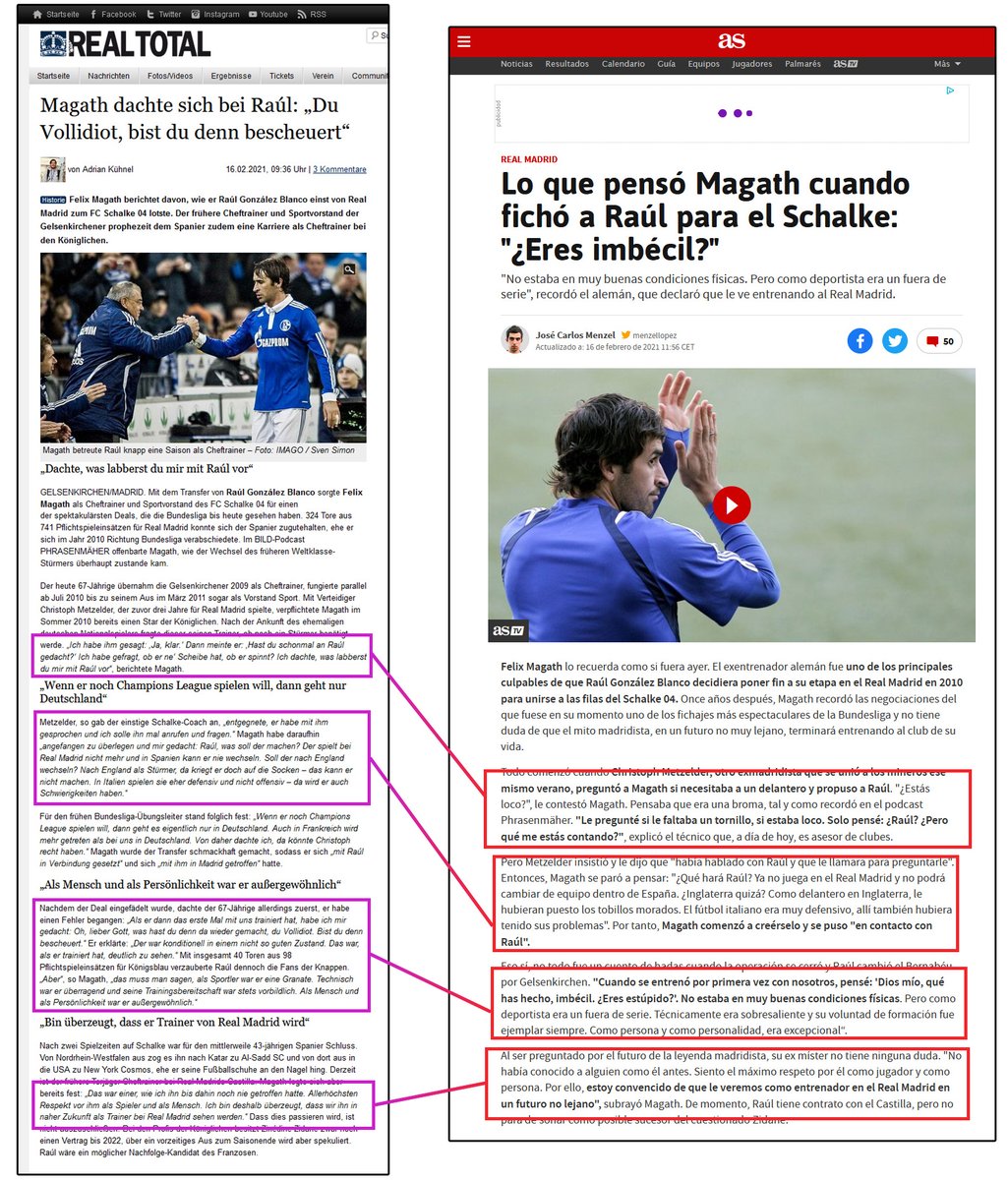 Journalism 2021. 
Or: Journalism à la <a href="/diarioas/">Diario AS</a>. 

On February 9, <a href="/phrasenmaeher/">Phrasenmäher</a> published a 2x2 hours podcast with Felix Magath.
On February 16, <a href="/REAL_TOTAL/">REAL TOTAL</a> wrote about his statements about Raúl. 
2 hours later, AS published nearly the same.