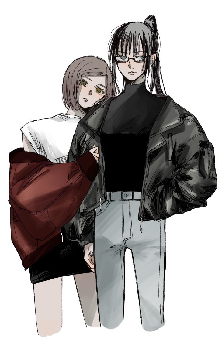 2girls multiple girls jacket pants glasses ponytail shirt  illustration images