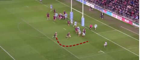 A mixture of a powerful second receiver and a good blocking line opens the spaces (both engage defenders). Allows Sheedy to have plenty of time to  then feed the attacker on his shoulder into the space.