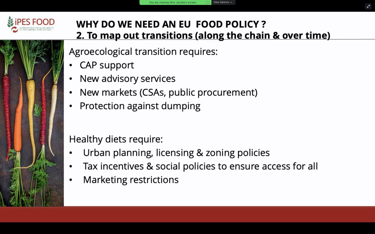 Nick Jacobs  @IPESfood presents Common Food Policy vision, democratically developed to address shortcomings of EU Common Agricultural Policy. 84 policy reforms suggested in their report here:  http://www.ipes-food.org/pages/CommonFoodPolicy(4/n)