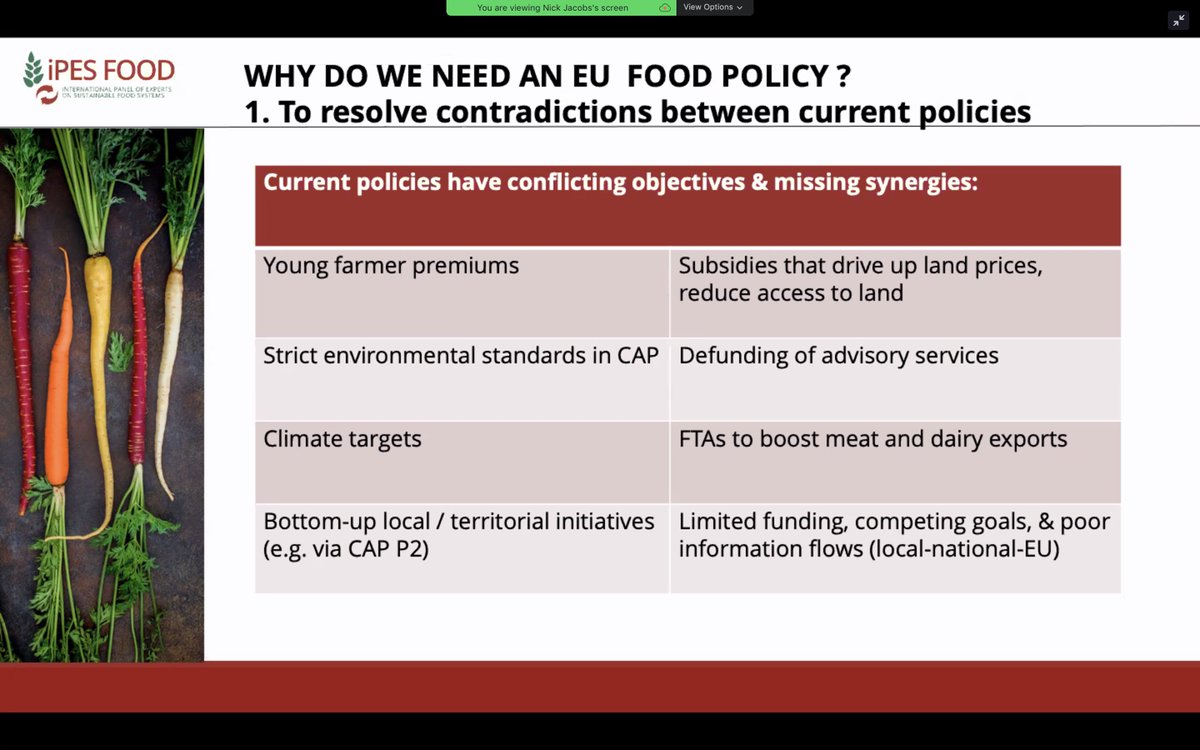 Nick Jacobs  @IPESfood presents Common Food Policy vision, democratically developed to address shortcomings of EU Common Agricultural Policy. 84 policy reforms suggested in their report here:  http://www.ipes-food.org/pages/CommonFoodPolicy(4/n)