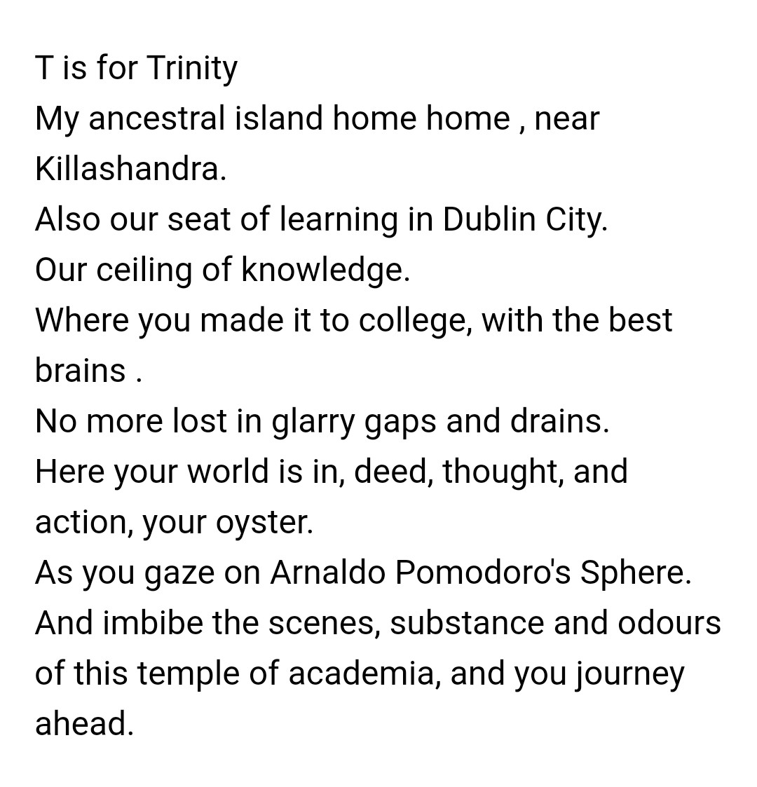 tarryathome's tweet photo. T is for Trinity, in Dublin and beyond, says PJ Brady of @GroupsFatima Poetry Circle in this strategy entry for the #ABCDublin #ABCBÁC #PoetryPrompt of the letter #T. The gift that keeps on giving! #PoetInResidence @poetryireland #SelfIsolationHelp https://t.co/MTyOqXGh1T