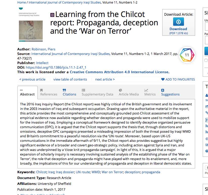 8) You can read more about the Chilcot Report and the deception over the 'war on terror' here:-  https://www.ingentaconnect.com/contentone/intellect/ijcis/2017/00000011/F0020001/art00004