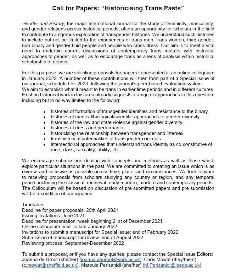 GenderHistory's tweet image. 🎉Announcing our call for papers for an online colloquium, leading to our 2023 Special Issue: 'Historicising Trans Pasts'👇👇👇
Deadline for submissions 26 April (submission details on image and in alt text)
Please share widely!