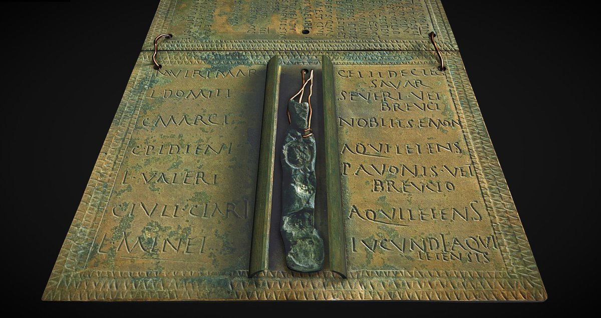 7) On the bronze plate around the wax are the names of the seven witnesses that gave their seal to Liccaius' discharge, named among them are a Gaius Marcius Nobilis of Emona (modern Ljubljana) and a Lucius Mineius Iucundus from Aquileia.