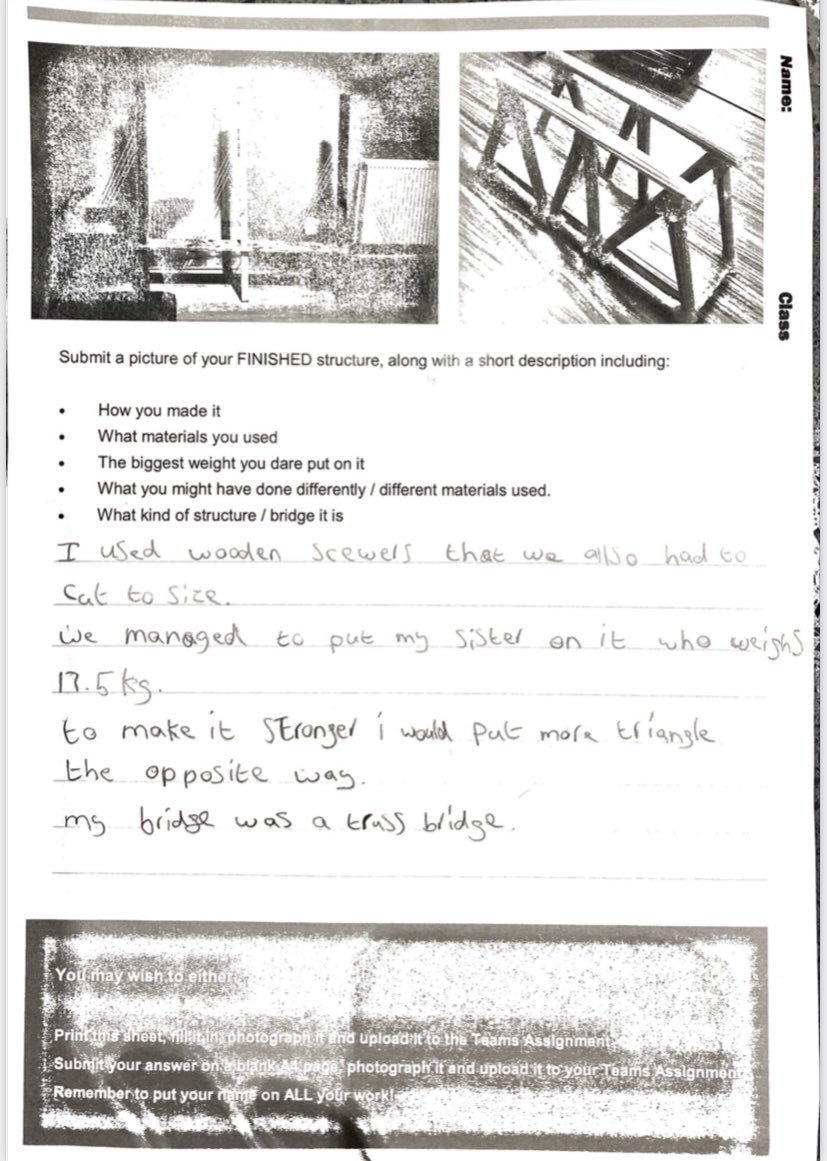 tech_ehs's tweet image. Brilliant effort by the S1 year group in their home bridge build task.
All different identifications of structure types and designs. 17.5kg was our biggest load, supported by some kebab skewers! Some great reports of the process and designs too.
#ehstech #stem #futureengineers