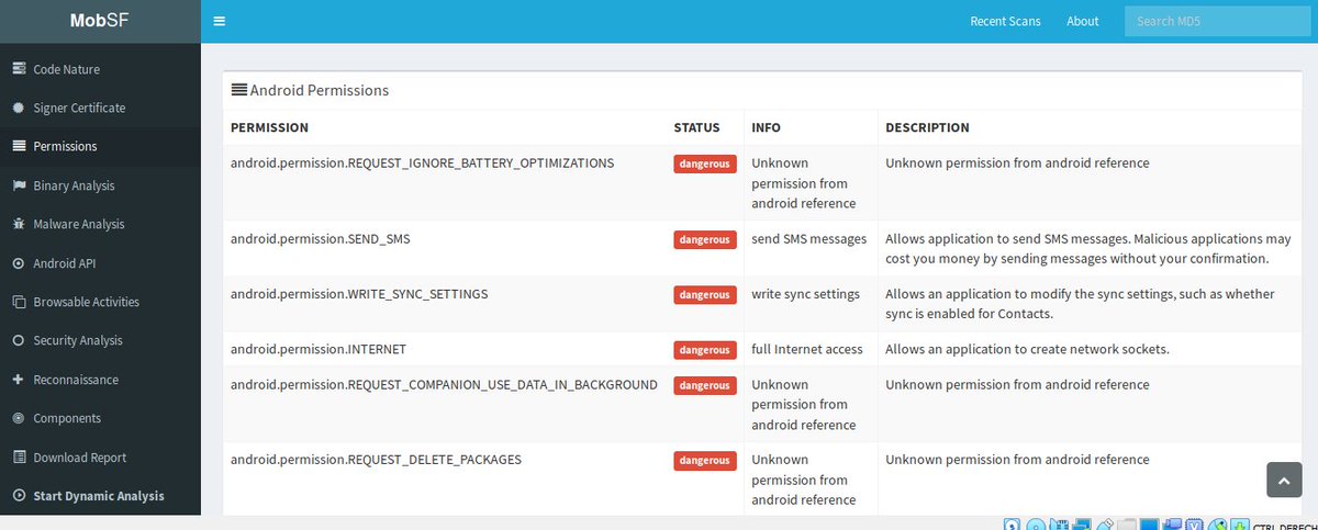 eduSatoe's tweet image. Vamos a analizar ahora más en profundidad la #APK con #MobSF a nivel estático, esta tool viene por defecto en la distribución #Androl4b. Vemos como la APK maliciosa usa gran cantidad de permisos como &quot;buen&quot; troyano que es #NoPiques #Fraude #Estafa @FedEx @policia @GDTGuardiaCivil