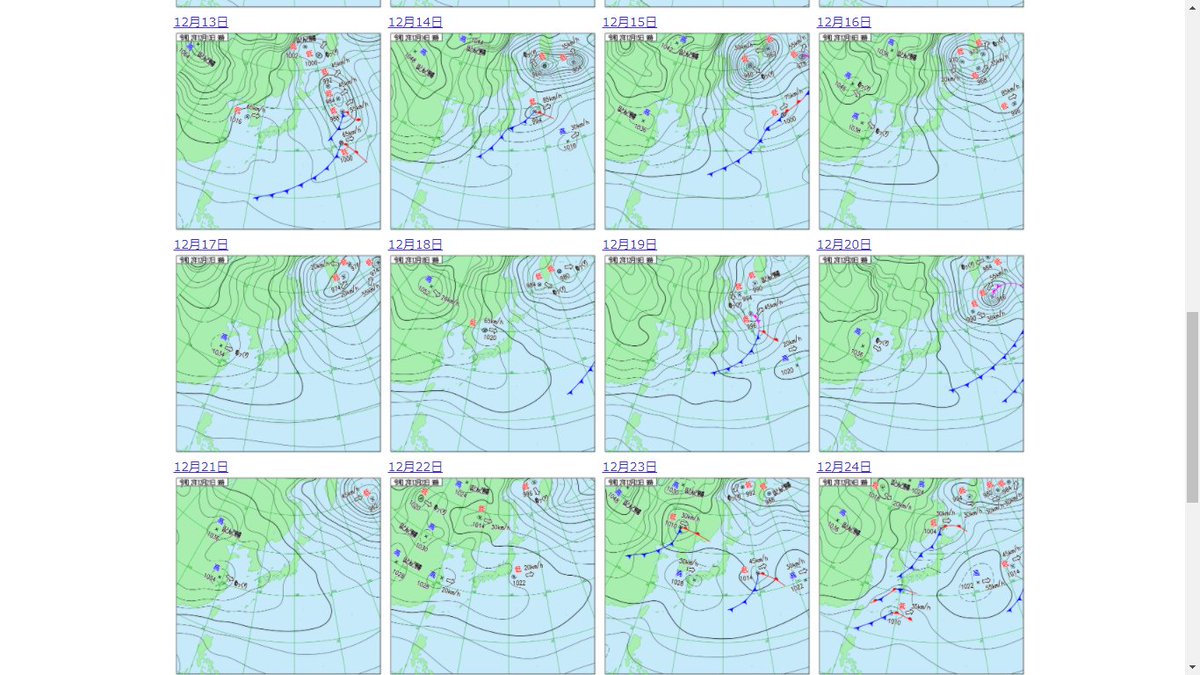 やはりぶっ通しで雪が降った12月14日からの8日間の西高東低の型は凄いと思う。

普通なら3日くらいで西高東低が崩れるが1週間経っても冬型が崩れなかった。天気図見ててこれ程変化がなく、つまらないと思った事はない。 