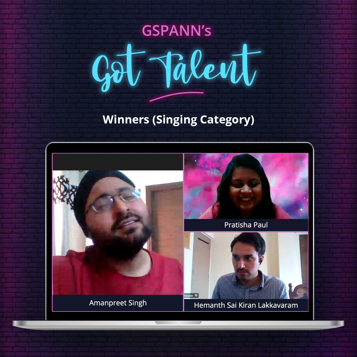 gspanntech's tweet photo. #GSPANN recently organized #GSPANNsGotTalent, a #VirtualTalentShow. Congratulations to all the winners and thanks to all the participants for entertaining us with their talent.
#GSPANNFamily #CorporateTalentShow #OfficeTalentShow #TalentedWorkforce #VirtualEvent https://t.co/fCGXZbppBH