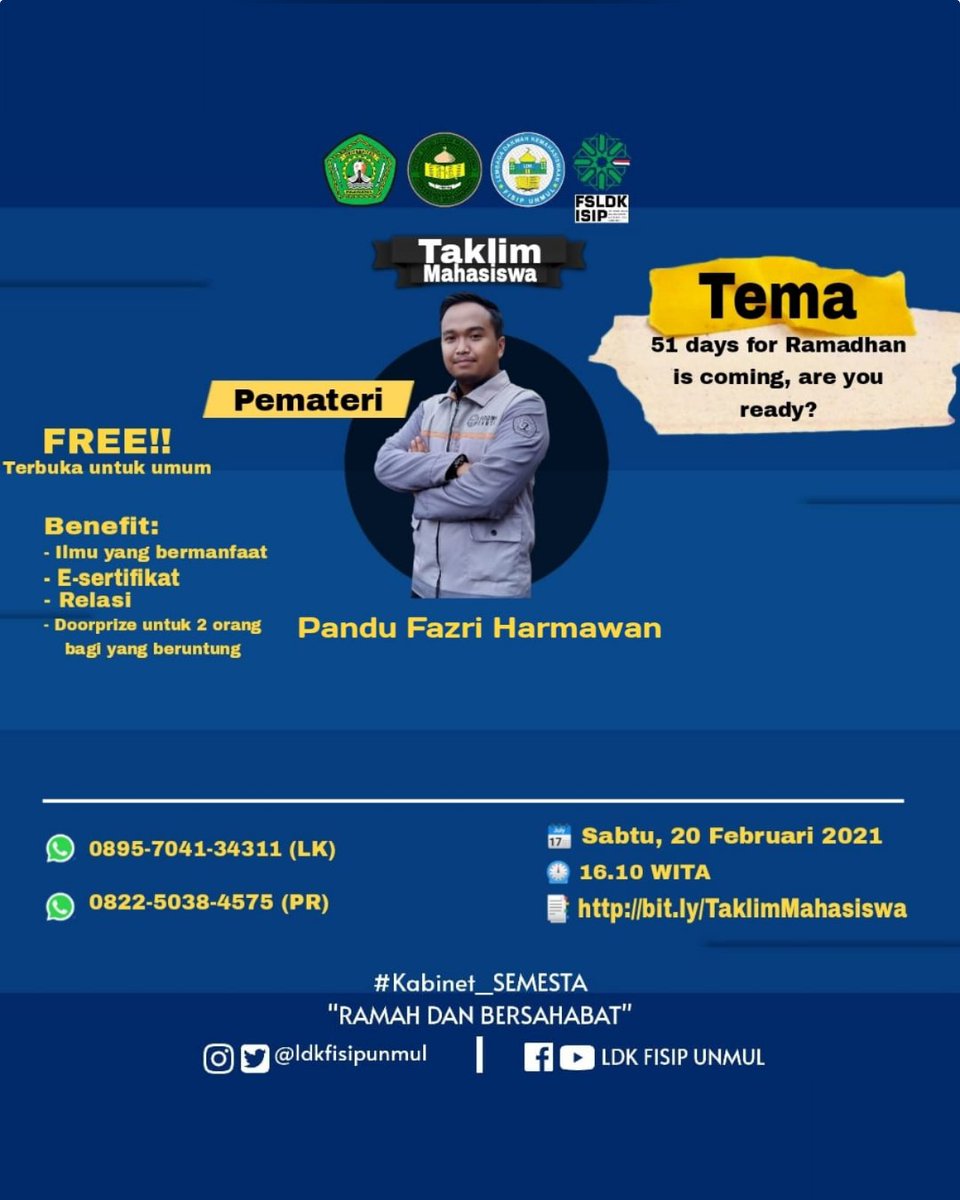 *[TAKLIM MAHASISWA LDK FISIP]*

✨ Assalamualaikum Warahmatullahi Wabarakatuh ✨

Hai sobat Semesta👋 
Tau enggak sih, di Bulan April nanti kita kedatangan tamu spesial. Siapa hayooo??
instagram.com/p/CLYf_dNJYDf/…