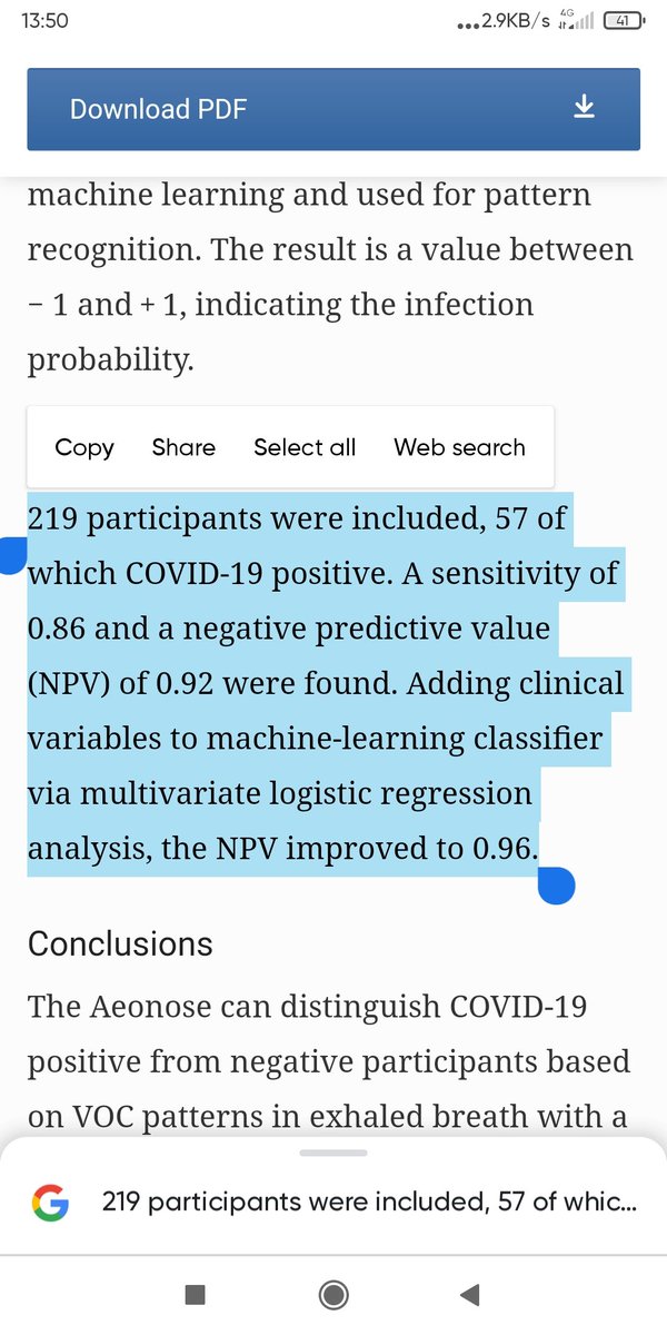 weird, abstract only include sensitivity and NPV. reasonable since the purpose to screening. but still, 100% sensitivity with close to 50% specificity is not a good option. even for screening.